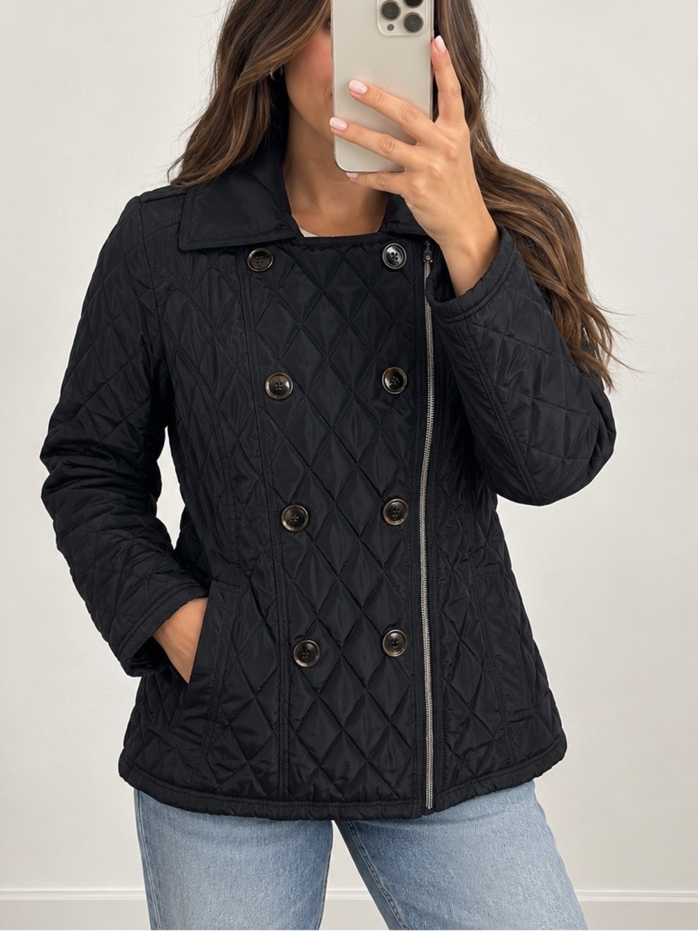 Harve Benard Black Quilted Double-Breasted Pea Coat